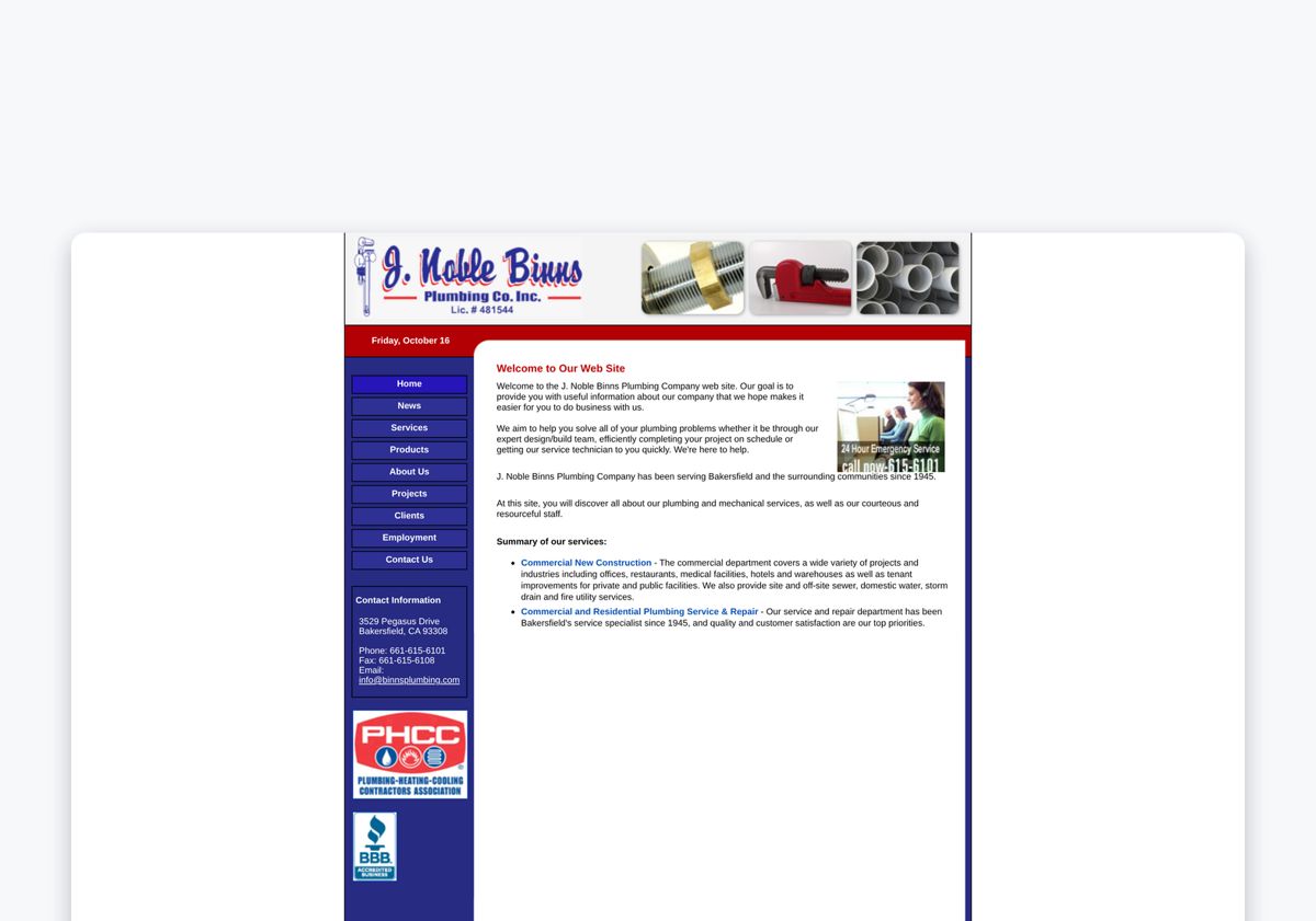 The plumbing company's old website, a dated 2013-era design
