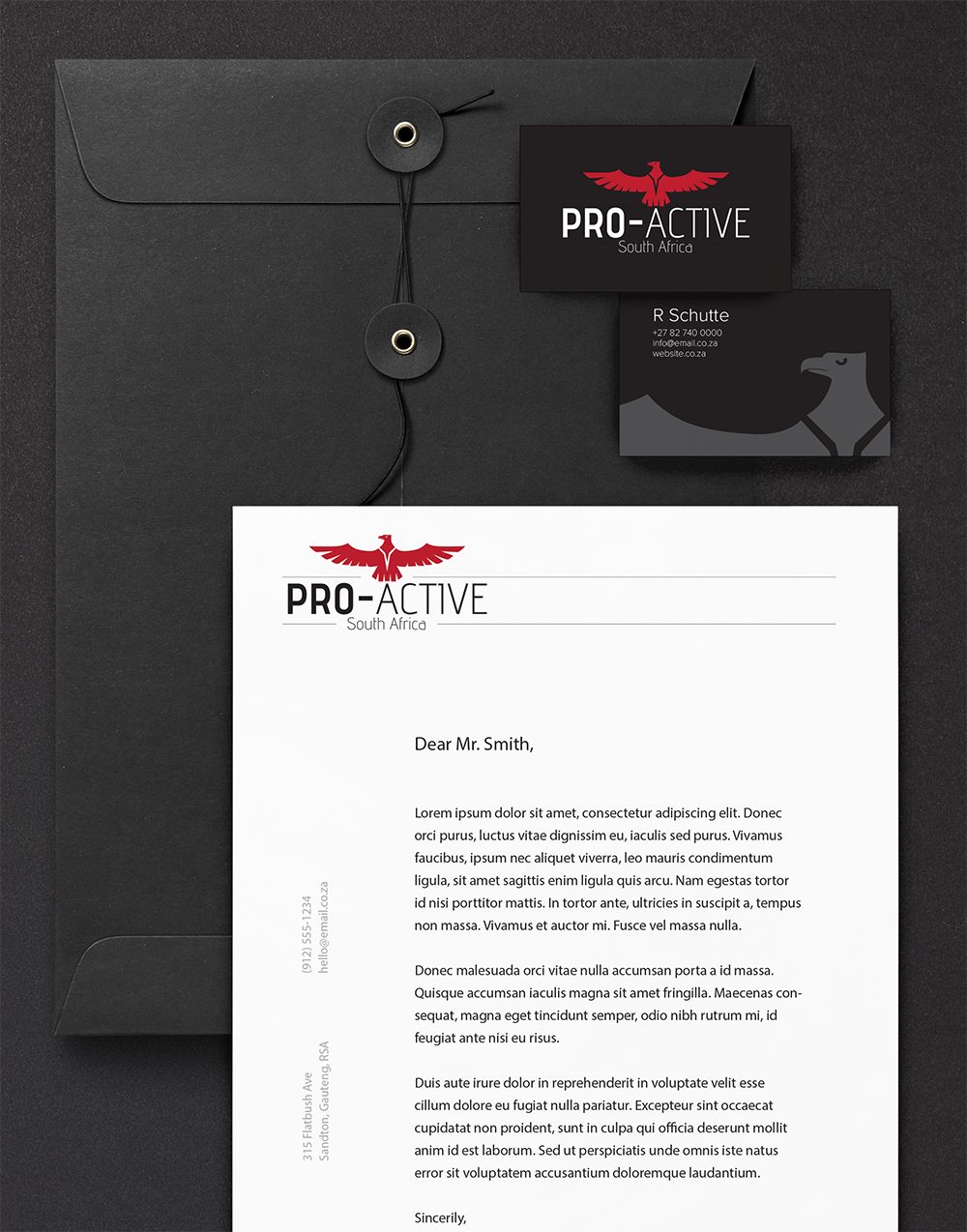 Pro-Active SA identity system: letterhead, envelopes and business cards laid out together
