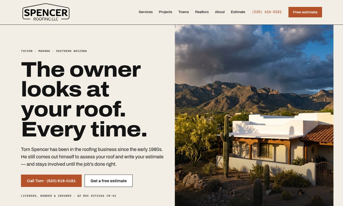 Desktop homepage of the Spencer Roofing website concept